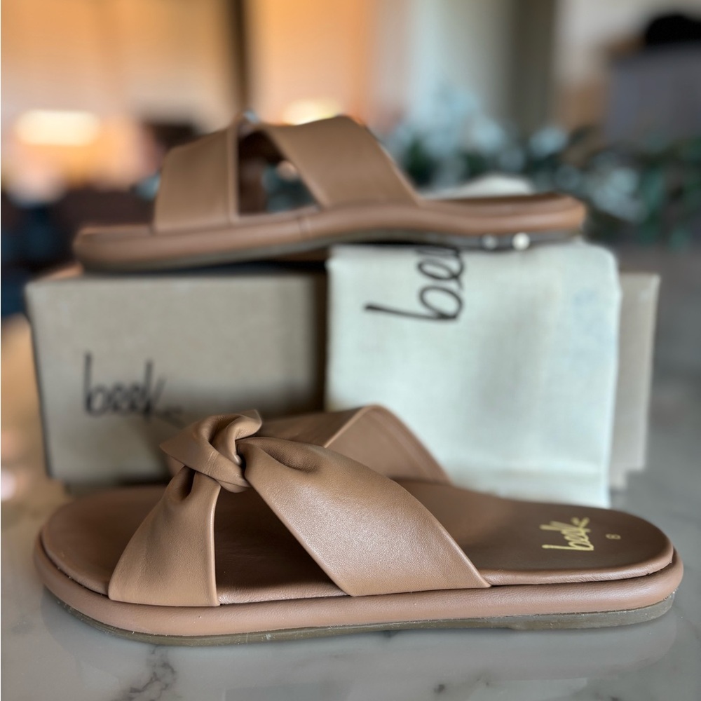 beek Tan Knot Front Slide Sandals